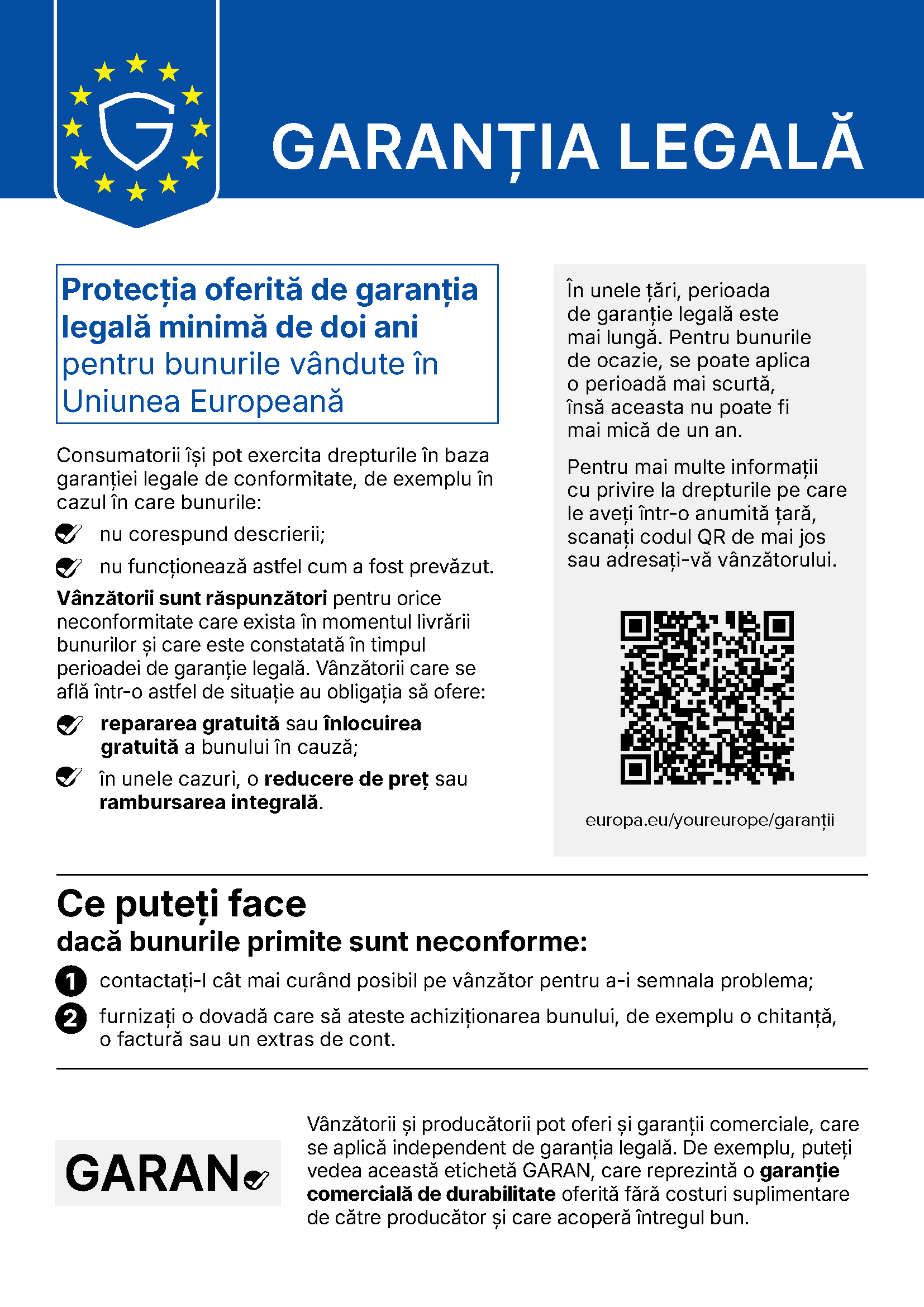Notificarea oficială UE privind garanția legală de conformitate